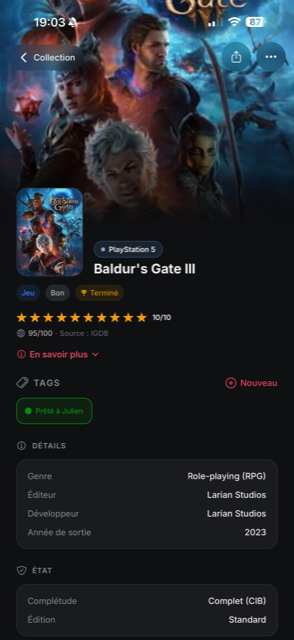 Fiche de Baldur’s Gate III en thème sombre : notes, tags et caractéristiques
